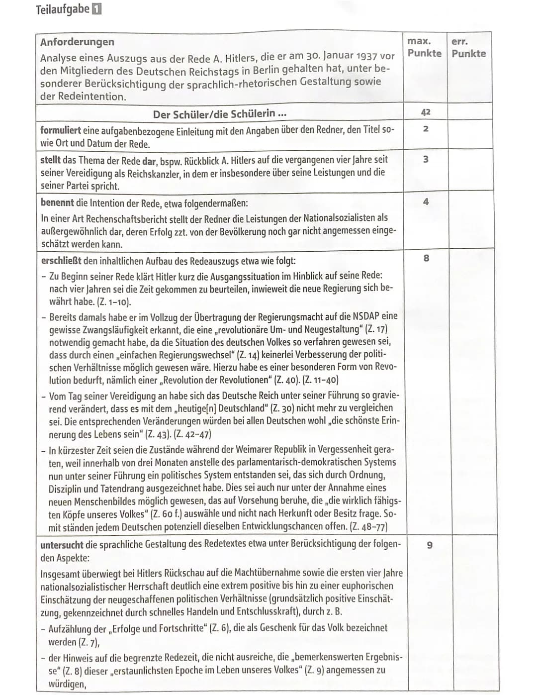 Teilaufgabe 1
Anforderungen
Analyse eines Auszugs aus der Rede A. Hitlers, die er am 30. Januar 1937 vor
den Mitgliedern des Deutschen Reich