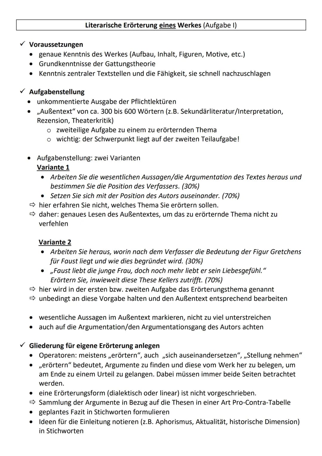 ✓ Voraussetzungen
genaue Kenntnis des Werkes (Aufbau, Inhalt, Figuren, Motive, etc.)
Grundkenntnisse der Gattungstheorie
Kenntnis zentraler 