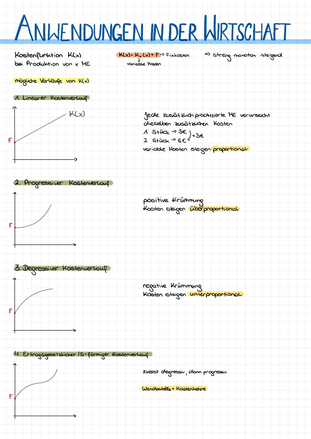 F
F
F
F
ANWENDUNGEN IN DER WIRTSCHAFT
Kostenfunktion K(x)
K(x)= Kv(x) + F-> Fixkosten · streng monoton steigend
bei Produktion von x ME
vari