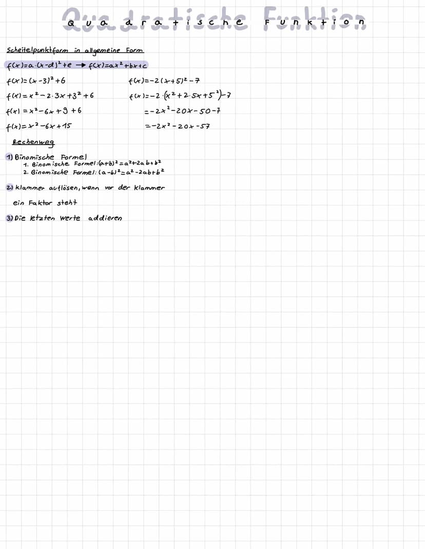 Quadratische Funktion
allgemeine Form
f(x)=a+²+bx+c
Scheitelpunkt form
f(x)= a (x-d)² + e
a streckfaktor
•a=1= Normalform
.a=-1= Normalform
