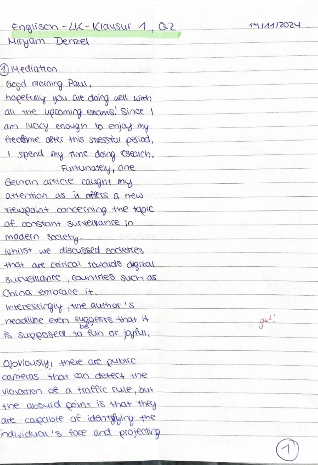 Ray Bradbury, Fahrenheit 451, 1. Klausur Q2.1_2024 - Erwartungshorizont
Name:
Miryam Denzel
Klausurteil A (SCHREIBEN/ LESEVERSTEHEN INTEGRIE