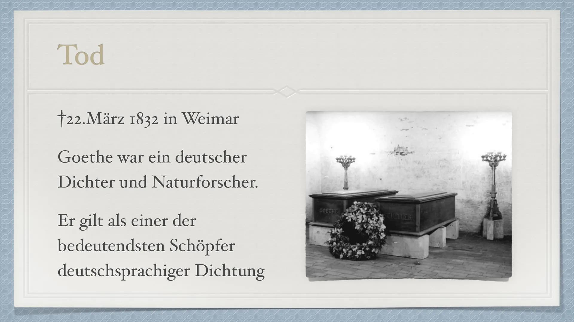 Johann Wolfgang
von Goethe
1749-1832 Kindheit und Jugend
Familie
*28. August 1749 in Frankfurt am Main
→ Eine jüngere Schwester Cornelia (di