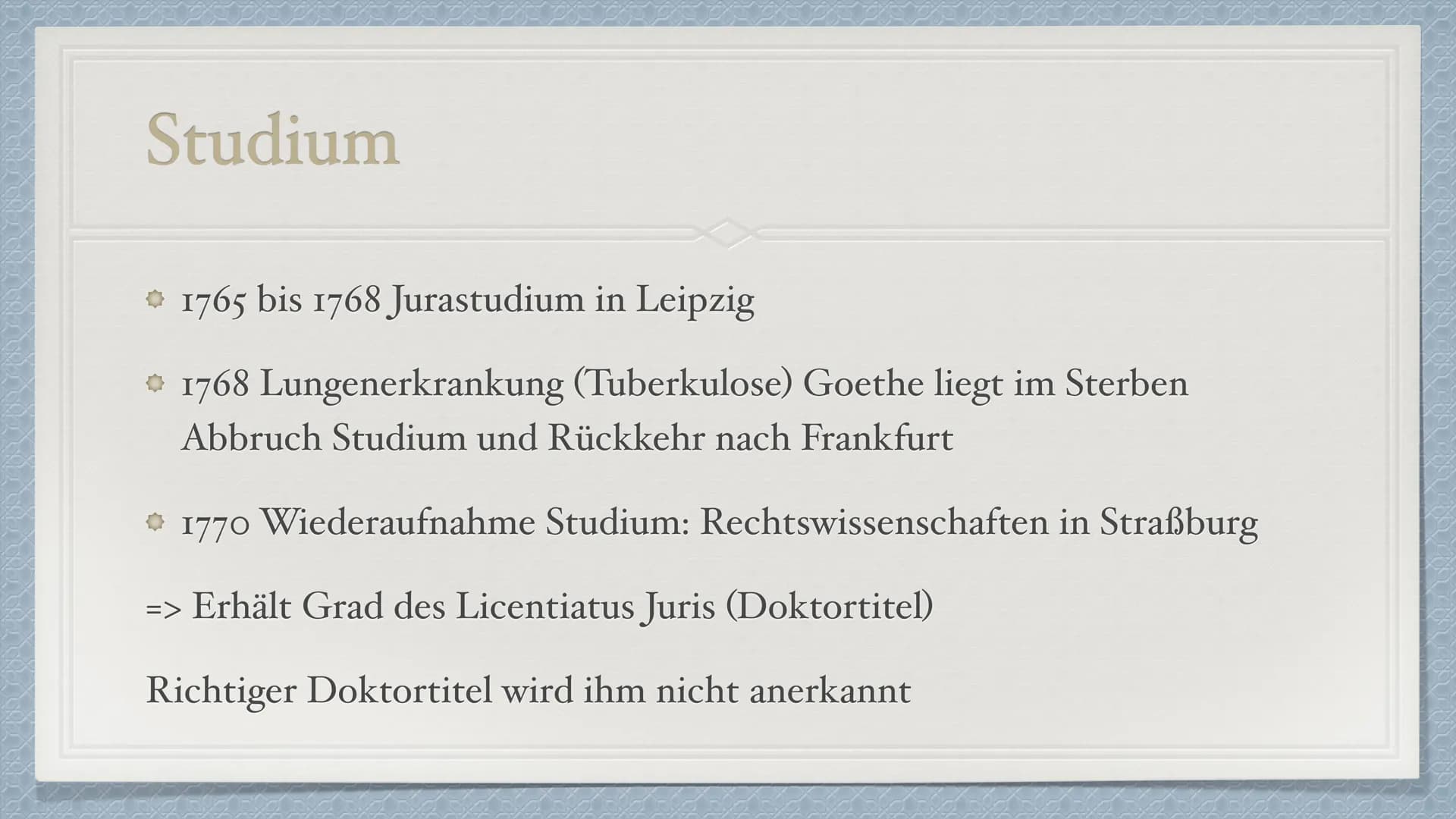 Johann Wolfgang
von Goethe
1749-1832 Kindheit und Jugend
Familie
*28. August 1749 in Frankfurt am Main
→ Eine jüngere Schwester Cornelia (di