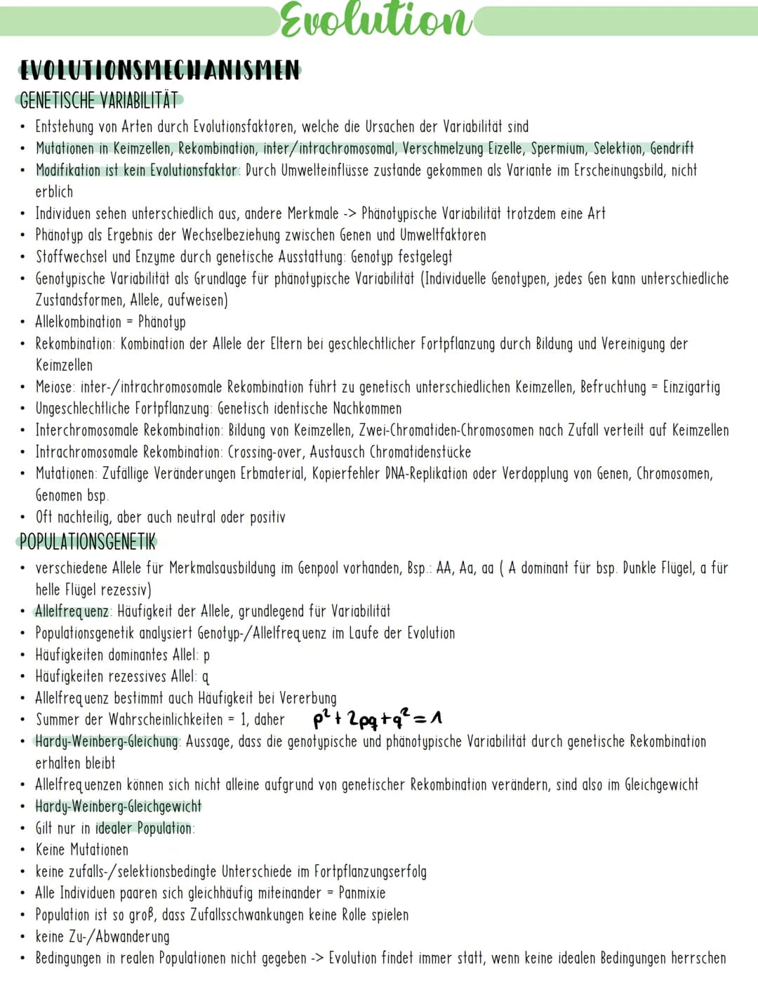 Evolution
EVOLUTIONSMECHANISMEN
GENETISCHE VARIABILITÄT
Entstehung von Arten durch Evolutionsfaktoren, welche die Ursachen der Variabilität 