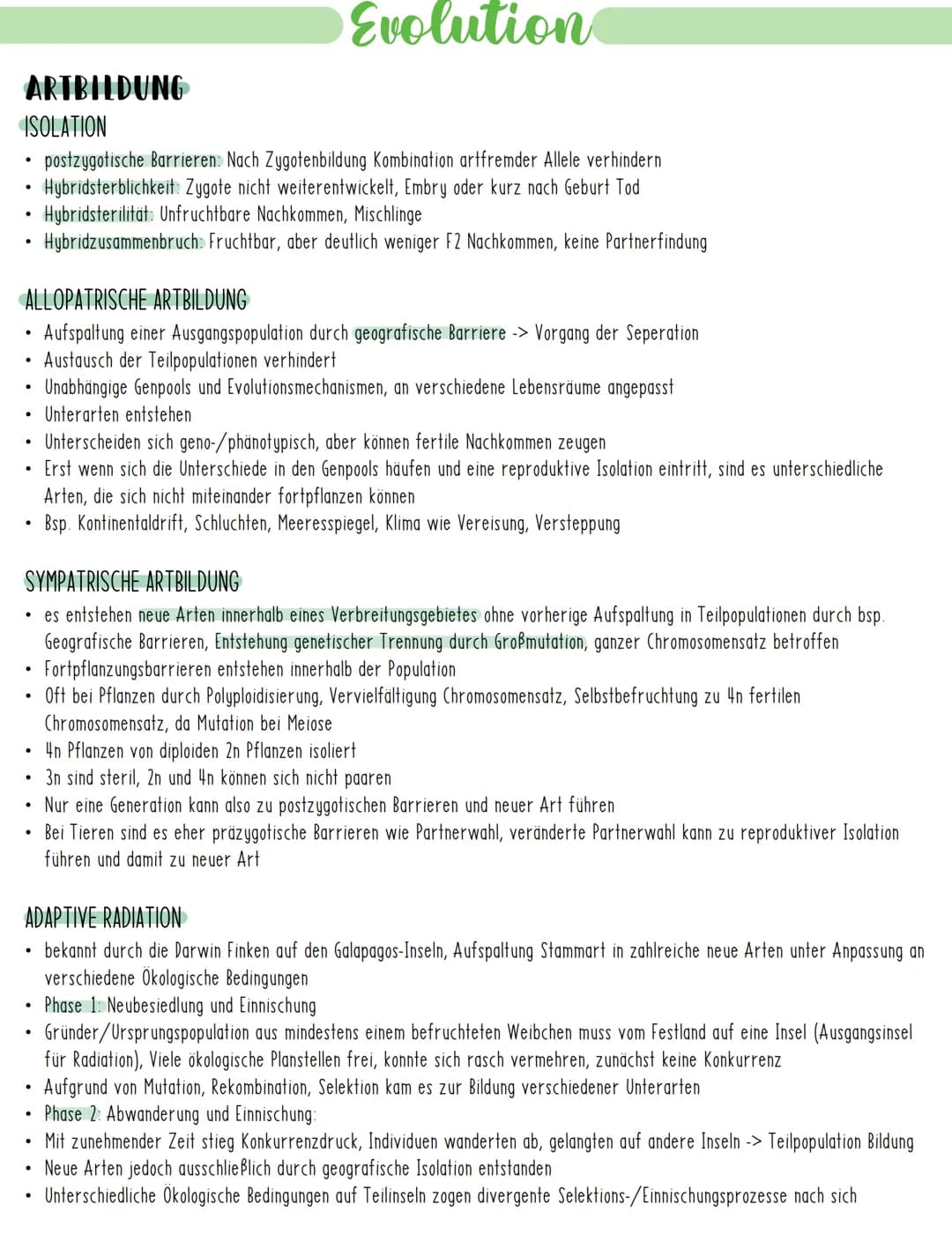 Evolution
EVOLUTIONSMECHANISMEN
GENETISCHE VARIABILITÄT
Entstehung von Arten durch Evolutionsfaktoren, welche die Ursachen der Variabilität 
