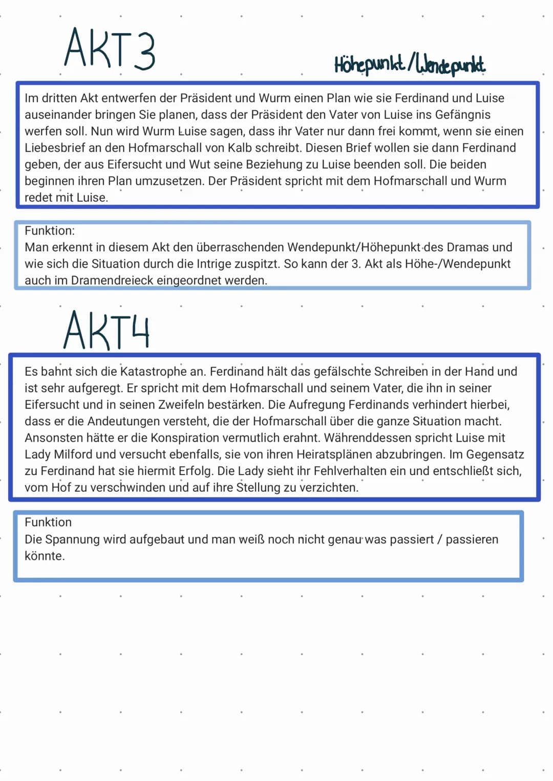 Zusammenfassungen
AKT1
Exposition
1. Luise und Ferdinand sind zusammen, doch werden sie eigentlich durch den
Ständeunterschied getrennt. Ihr
