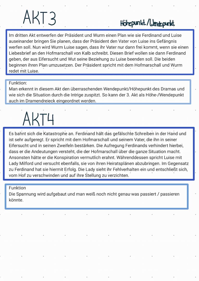 Zusammenfassungen
AKT1
Exposition
1. Luise und Ferdinand sind zusammen, doch werden sie eigentlich durch den
Ständeunterschied getrennt. Ihr