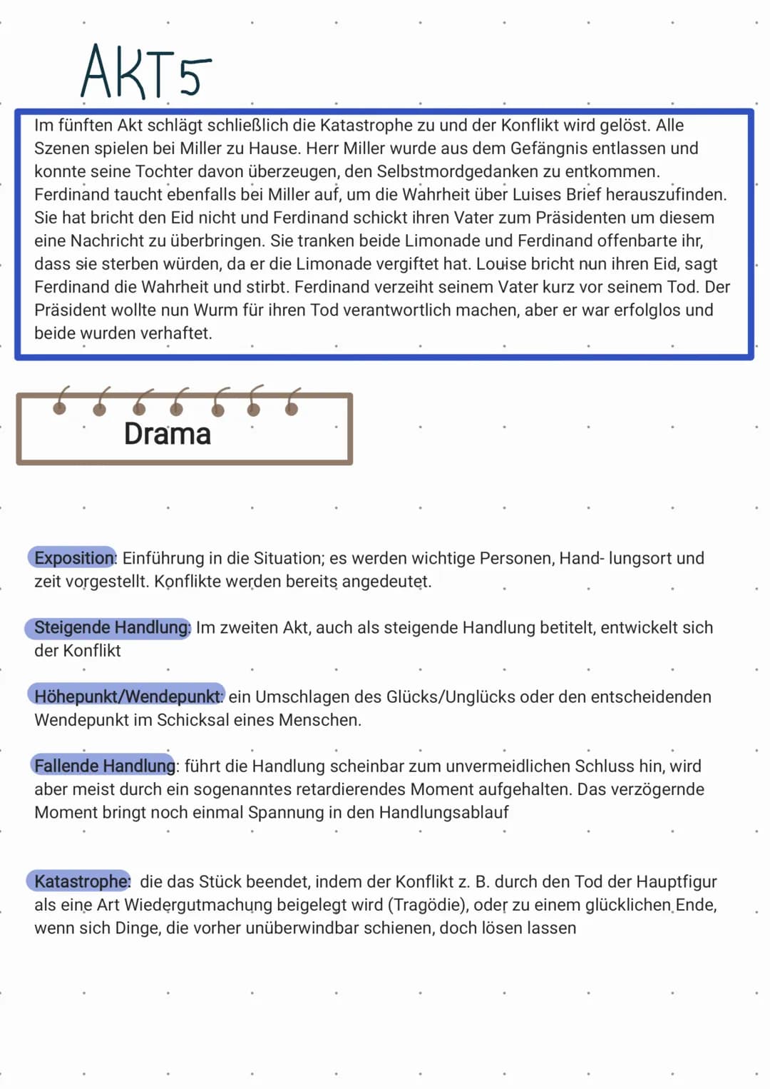 Zusammenfassungen
AKT1
Exposition
1. Luise und Ferdinand sind zusammen, doch werden sie eigentlich durch den
Ständeunterschied getrennt. Ihr