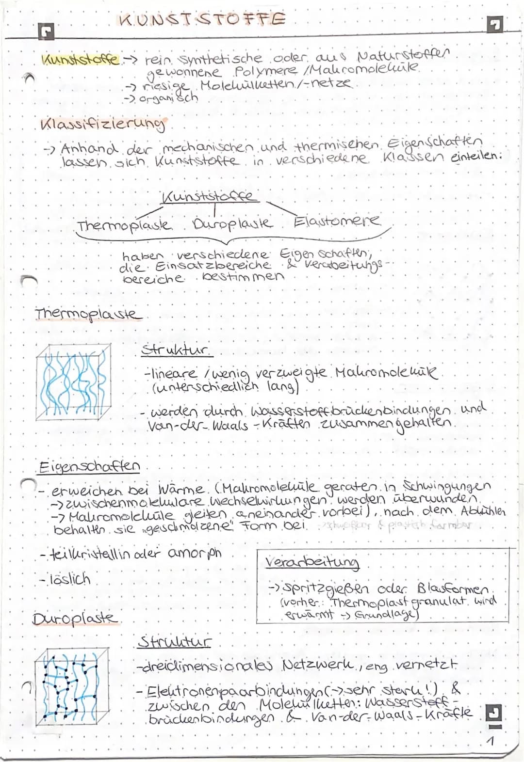 KUNSTSTOFFE
Kunststoffe -> rein synthetische oder aus Naturistoffer
gewonnene Polymere /Makromolekule
-> riesige. Molehvilketten/-netze.
-> 