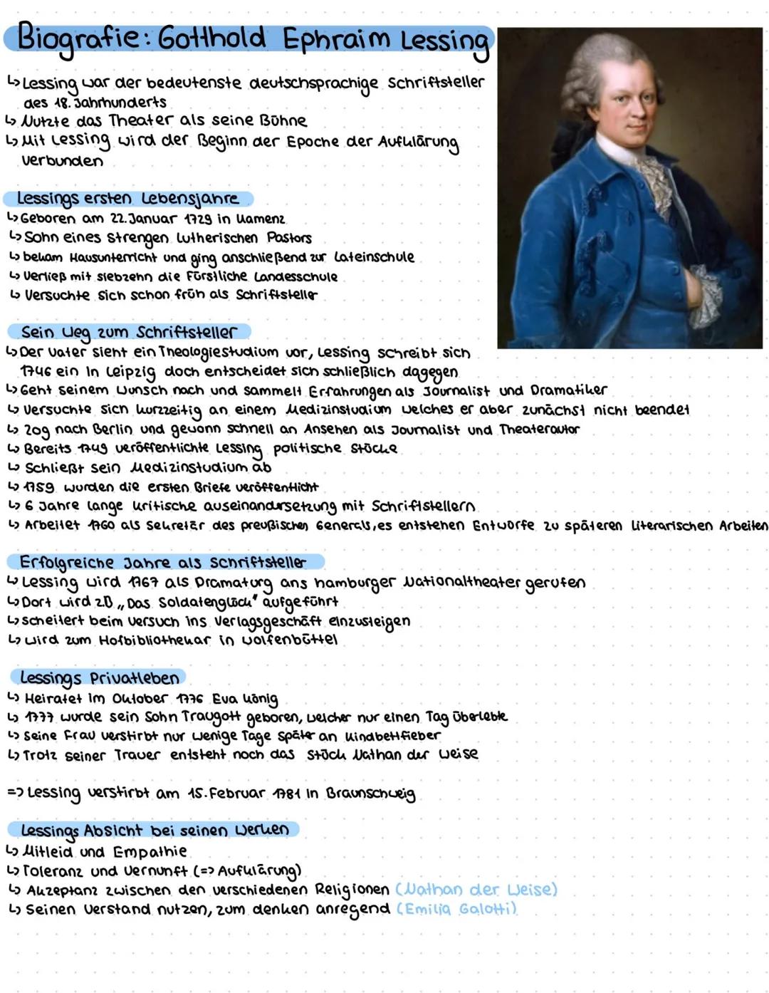 Biografie: Gotthold Ephraim Lessing
L>Lessing war der bedeutenste deutschsprachige Schriftsteller
des 18. Jahrhunderts
↳ Nutzte das Theater 