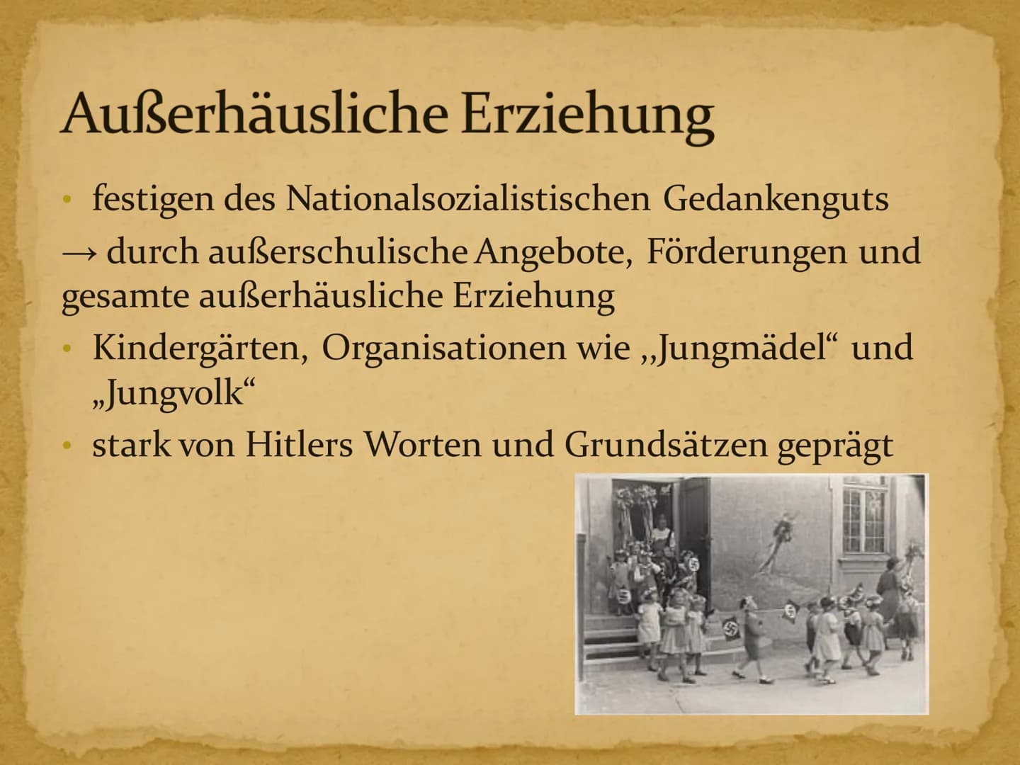 5
Erziehung im Nationalsozialismus Inhaltsverzeichnis
1. Kurzbiographie Adolf Hitler
2. Hitlers Erziehungsgrundsätze und -ziele
3. Vorschuli