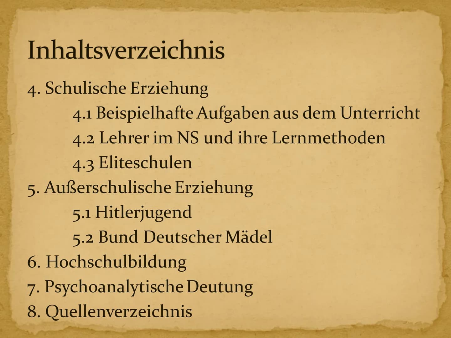 5
Erziehung im Nationalsozialismus Inhaltsverzeichnis
1. Kurzbiographie Adolf Hitler
2. Hitlers Erziehungsgrundsätze und -ziele
3. Vorschuli