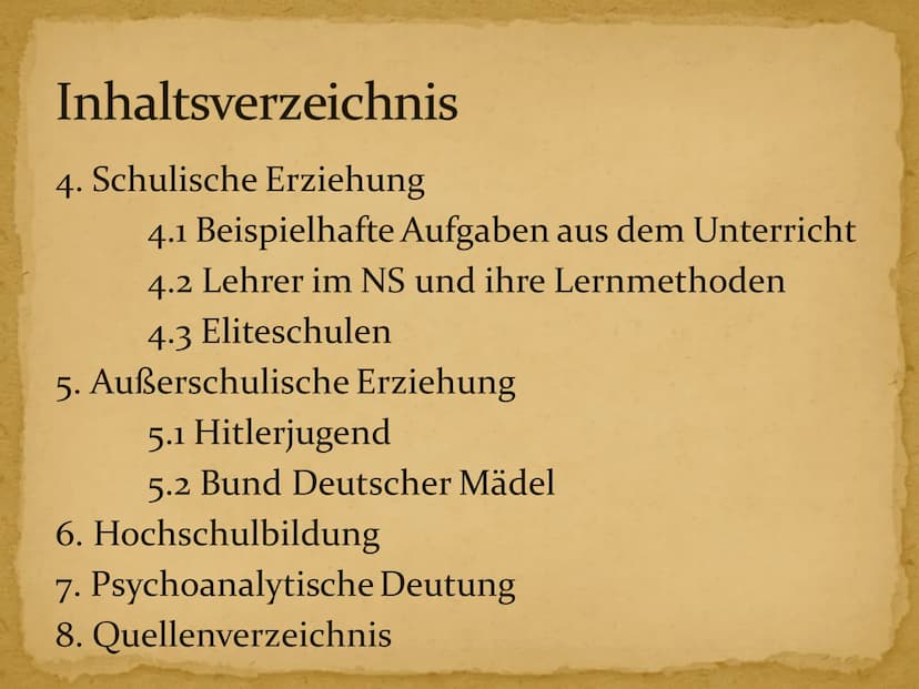 5
Erziehung im Nationalsozialismus Inhaltsverzeichnis
1. Kurzbiographie Adolf Hitler
2. Hitlers Erziehungsgrundsätze und -ziele
3. Vorschuli