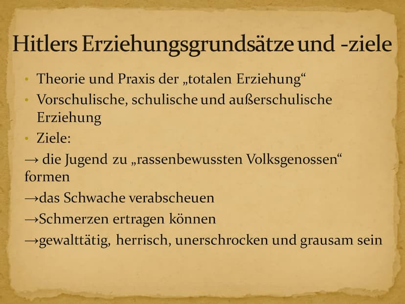 5
Erziehung im Nationalsozialismus Inhaltsverzeichnis
1. Kurzbiographie Adolf Hitler
2. Hitlers Erziehungsgrundsätze und -ziele
3. Vorschuli