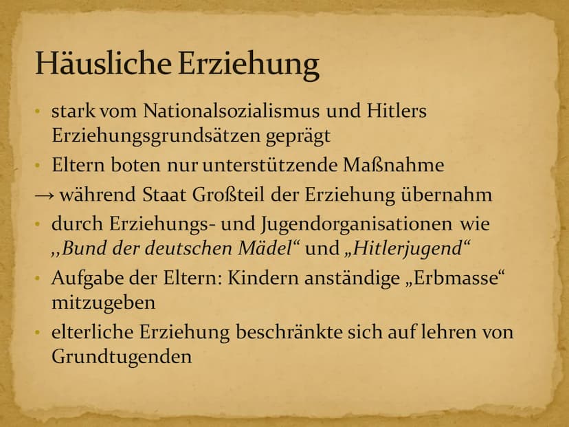 5
Erziehung im Nationalsozialismus Inhaltsverzeichnis
1. Kurzbiographie Adolf Hitler
2. Hitlers Erziehungsgrundsätze und -ziele
3. Vorschuli