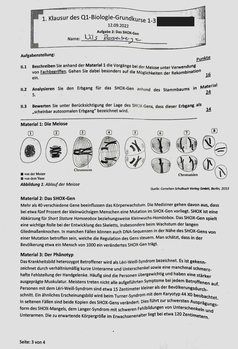 1. Klausur des Q1-Biologie-Grundkurse 1-3|
12.09.2022
Aufgabe 1: Stammbaumanalyse am Beispiel des TAY-SACHS-Syndroms
Name:
Nils Rosenberger
