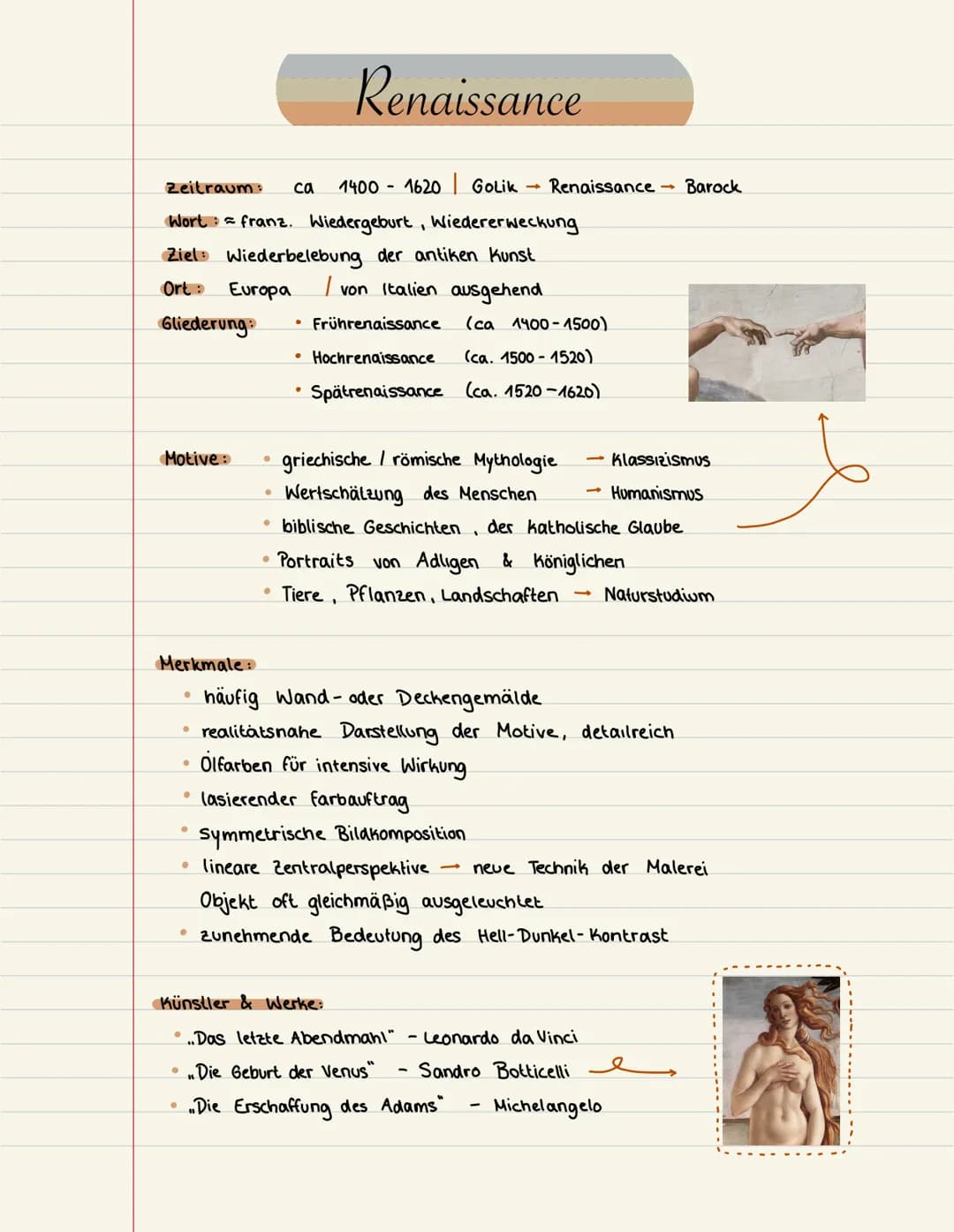 Beactions
Kunstepochen
Übersicht Zeitraum: ca 1400-1620 Golik → Renaissance → Barock
Wort: franz. Wiedergeburt, Wiedererweckung
Ziel: Wieder