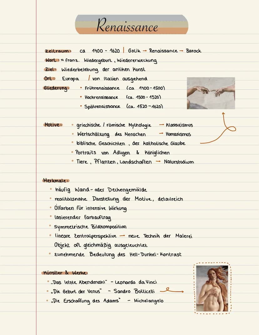 Beactions
Kunstepochen
Übersicht Zeitraum: ca 1400-1620 Golik → Renaissance → Barock
Wort: franz. Wiedergeburt, Wiedererweckung
Ziel: Wieder