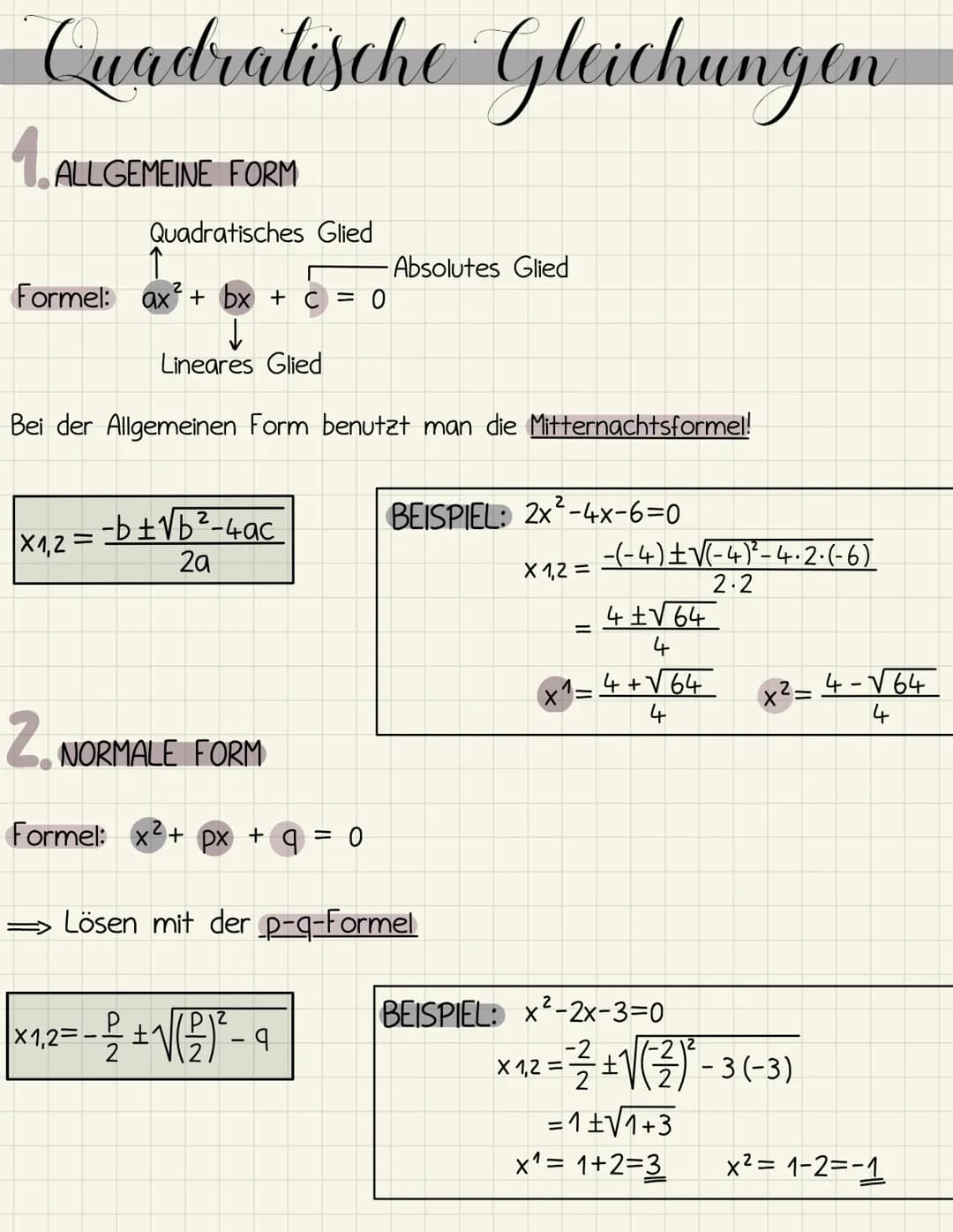 Cuadratische Gleichungen
1. ALLGEMEINE FORM
Quadratisches Glied
ax² + bx + c = 0
↓
Lineares Glied
Bei der Allgemeinen Form benutzt man die M