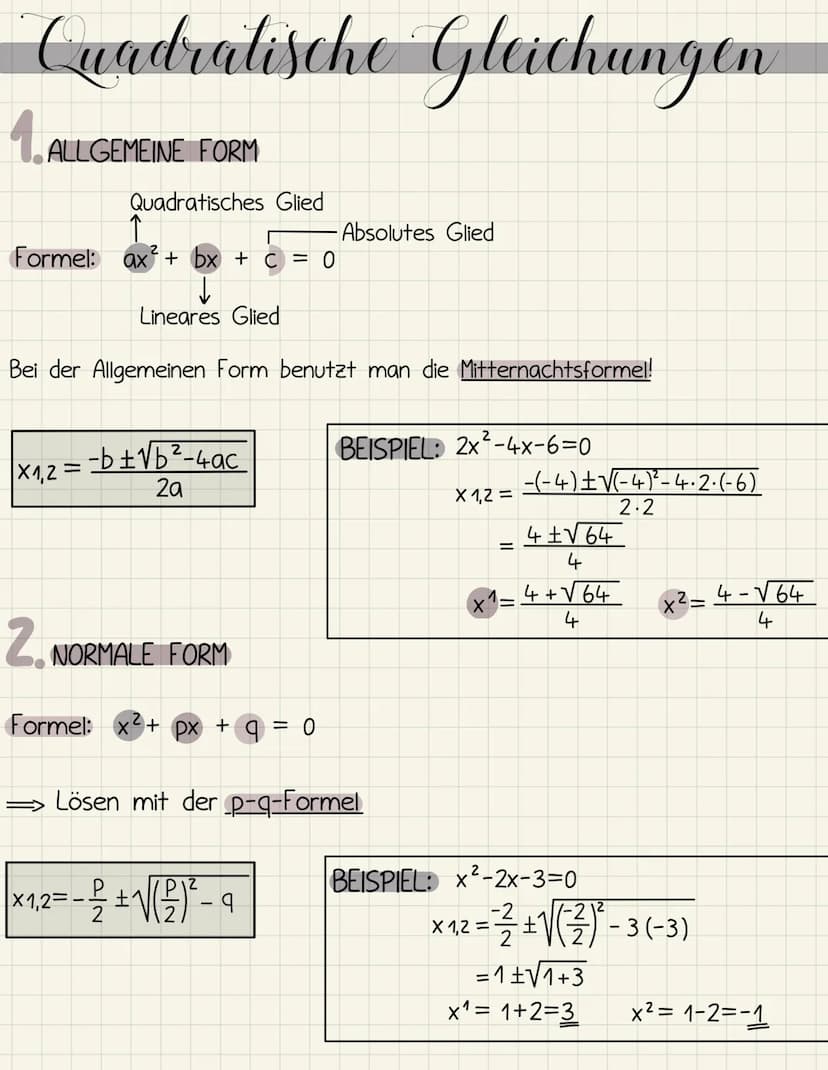 Cuadratische Gleichungen
1. ALLGEMEINE FORM
Quadratisches Glied
ax² + bx + c = 0
↓
Lineares Glied
Bei der Allgemeinen Form benutzt man die M