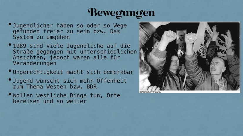 Jugend in der DDR
Fabienne & Louisa Hintergrund
Bildung
Die FDJ
Inhalt
Freizeitgestaltung
Jugendgruppen
Bewegungen und Proteste gegen den St