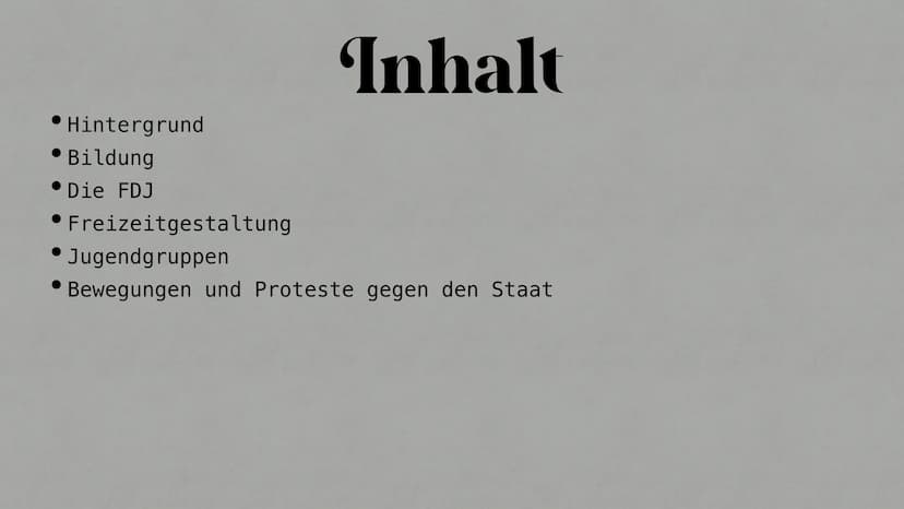 Jugend in der DDR
Fabienne & Louisa Hintergrund
Bildung
Die FDJ
Inhalt
Freizeitgestaltung
Jugendgruppen
Bewegungen und Proteste gegen den St