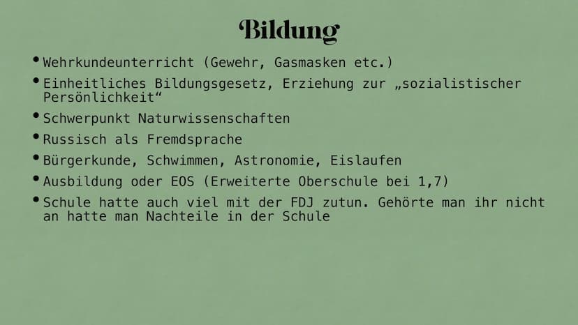 Jugend in der DDR
Fabienne & Louisa Hintergrund
Bildung
Die FDJ
Inhalt
Freizeitgestaltung
Jugendgruppen
Bewegungen und Proteste gegen den St