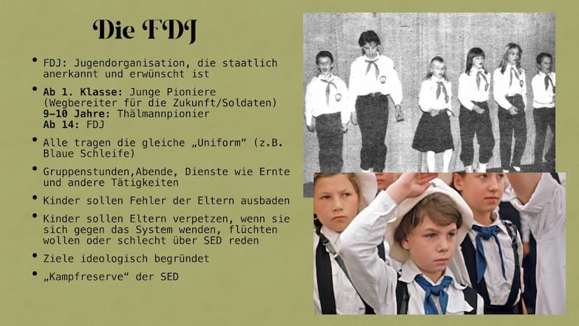 Jugend in der DDR
Fabienne & Louisa Hintergrund
Bildung
Die FDJ
Inhalt
Freizeitgestaltung
Jugendgruppen
Bewegungen und Proteste gegen den St