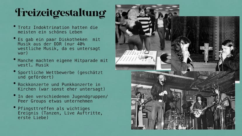 Jugend in der DDR
Fabienne & Louisa Hintergrund
Bildung
Die FDJ
Inhalt
Freizeitgestaltung
Jugendgruppen
Bewegungen und Proteste gegen den St