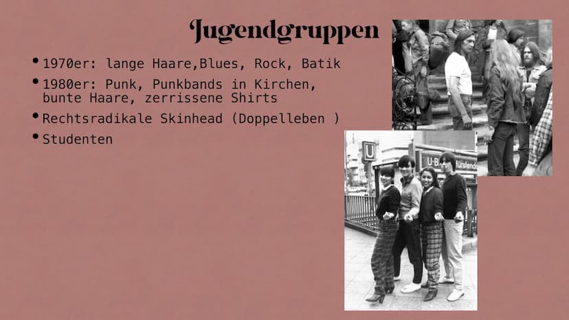 Jugend in der DDR
Fabienne & Louisa Hintergrund
Bildung
Die FDJ
Inhalt
Freizeitgestaltung
Jugendgruppen
Bewegungen und Proteste gegen den St