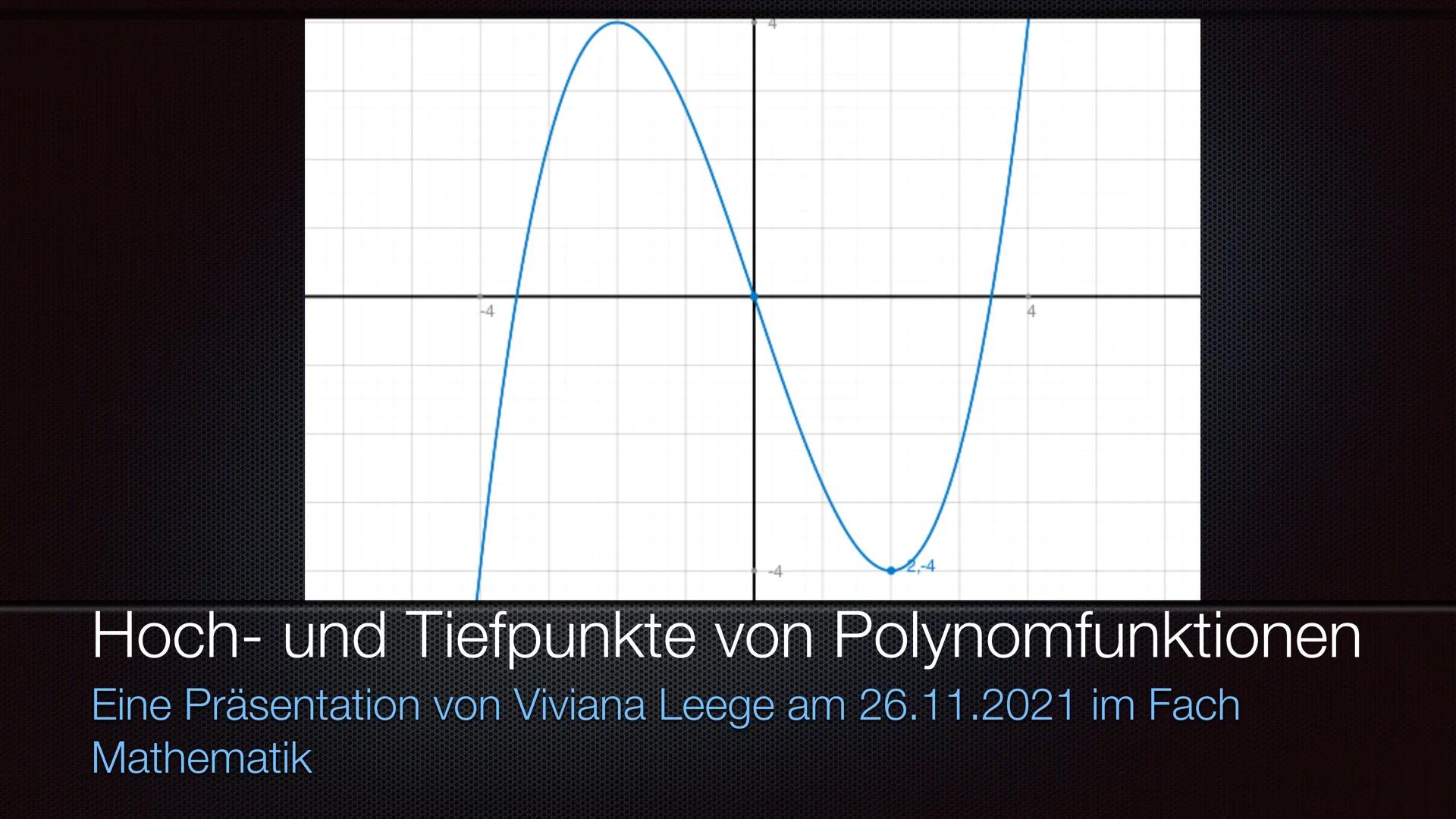 -4
4
Hoch- und Tiefpunkte von Polynomfunktionen
Eine Präsentation von Viviana Leege am 26.11.2021 im Fach
Mathematik Inhaltsangabe
* Allgeme