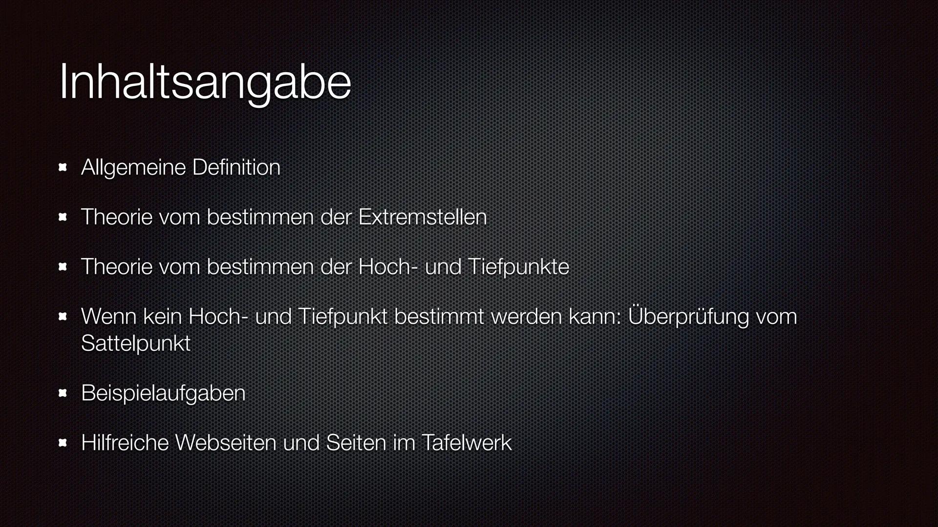 -4
4
Hoch- und Tiefpunkte von Polynomfunktionen
Eine Präsentation von Viviana Leege am 26.11.2021 im Fach
Mathematik Inhaltsangabe
* Allgeme