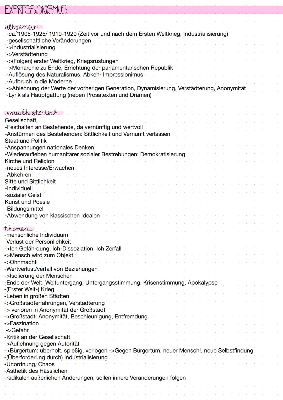 EXPRESSIONISMUS.
allgemein
-ca. 1905-1925/ 1910-1920 (Zeit vor und nach dem Ersten Weltkrieg, Industrialisierung)
-gesellschaftliche Verände