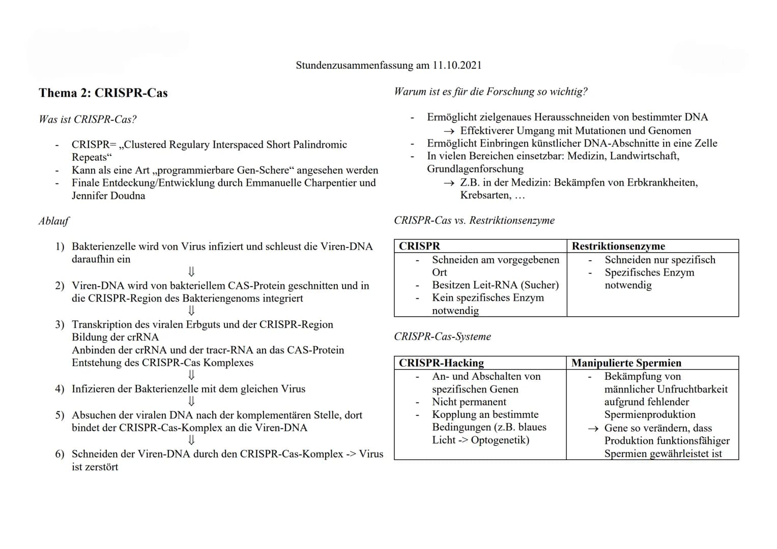 Thema 2: CRISPR-Cas
Was ist CRISPR-Cas?
Stundenzusammenfassung am 11.10.2021
CRISPR=,,Clustered Regulary Interspaced Short Palindromic
Repea