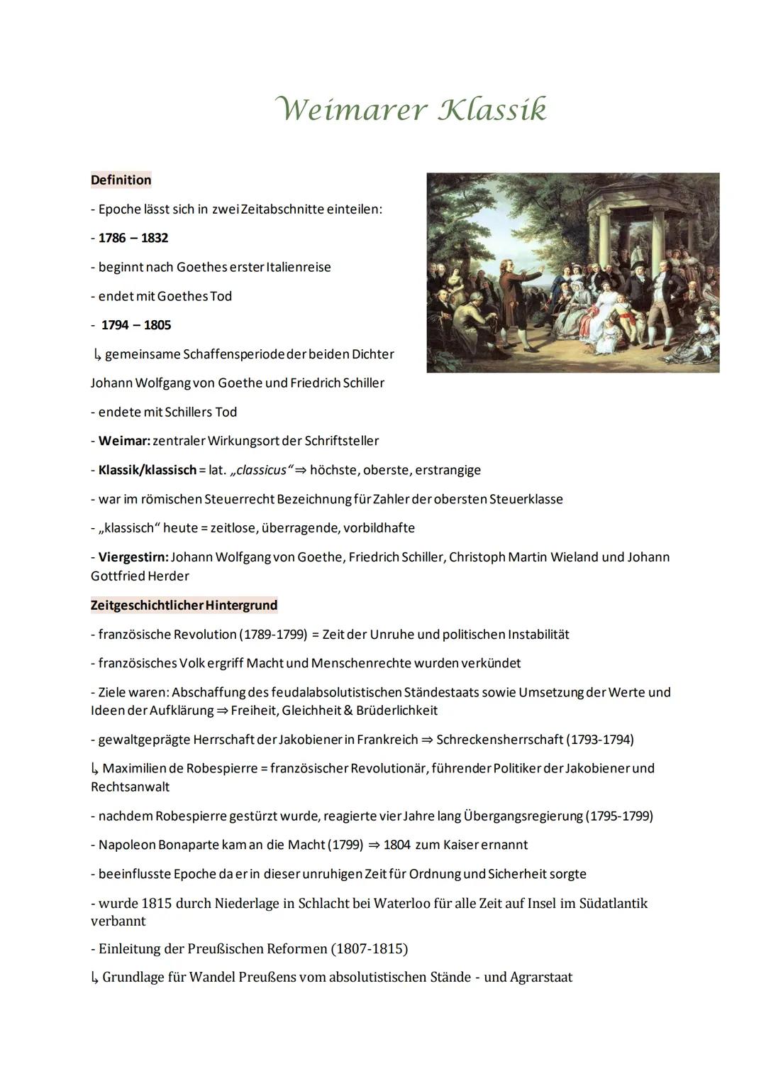 # Weimarer Klassik

Definition

- Epoche lässt sich in zwei Zeitabschnitte einteilen:
- 1786-1832
- beginnt nach Goethes erster Italienreise