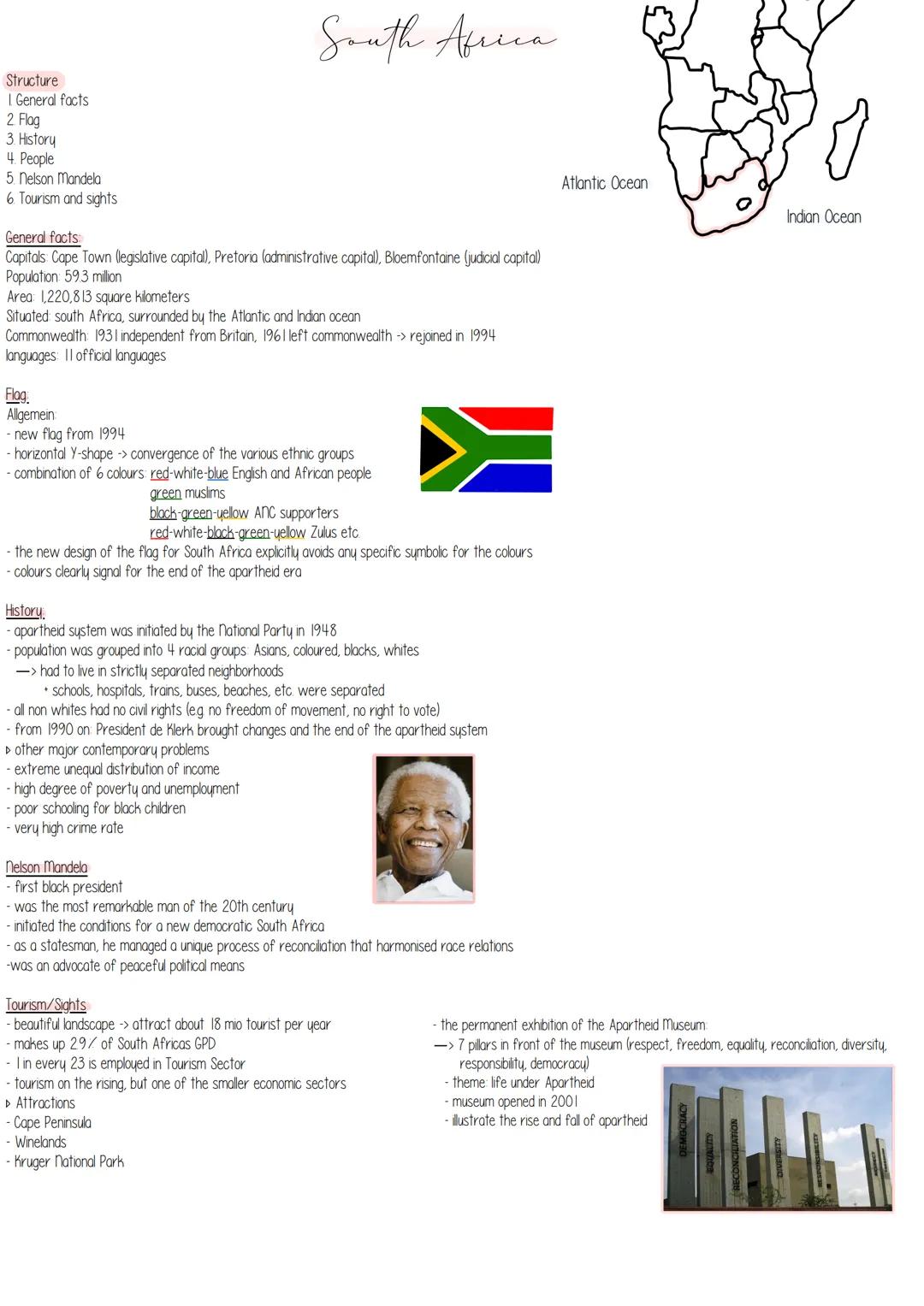 Structure
I General facts
2. Flag
3. History
4. People
5. Nelson Mandela
6. Tourism and sights
General facts:
Capitals: Cape Town (legislati