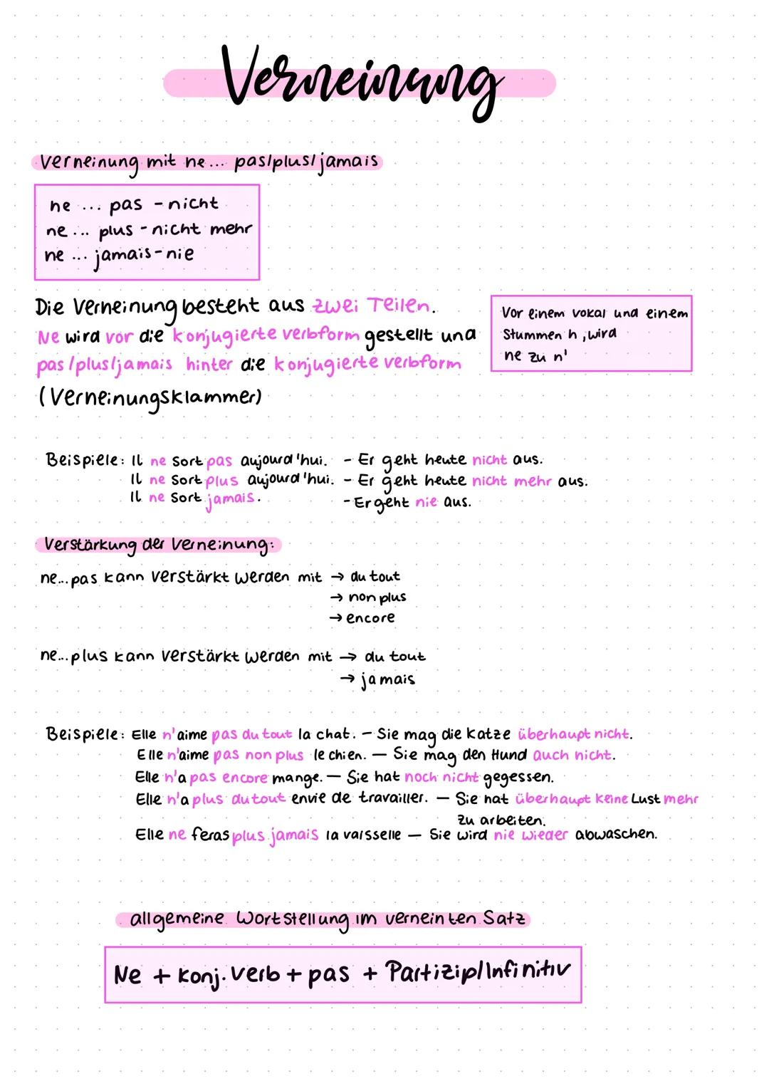 # Verneinung

Verneinung mit ne... pasiplus/jamais

he ... pas - nicht
ne ... plus-nicht mehr
ne... jamais-nie

Die Verneinung besteht aus z