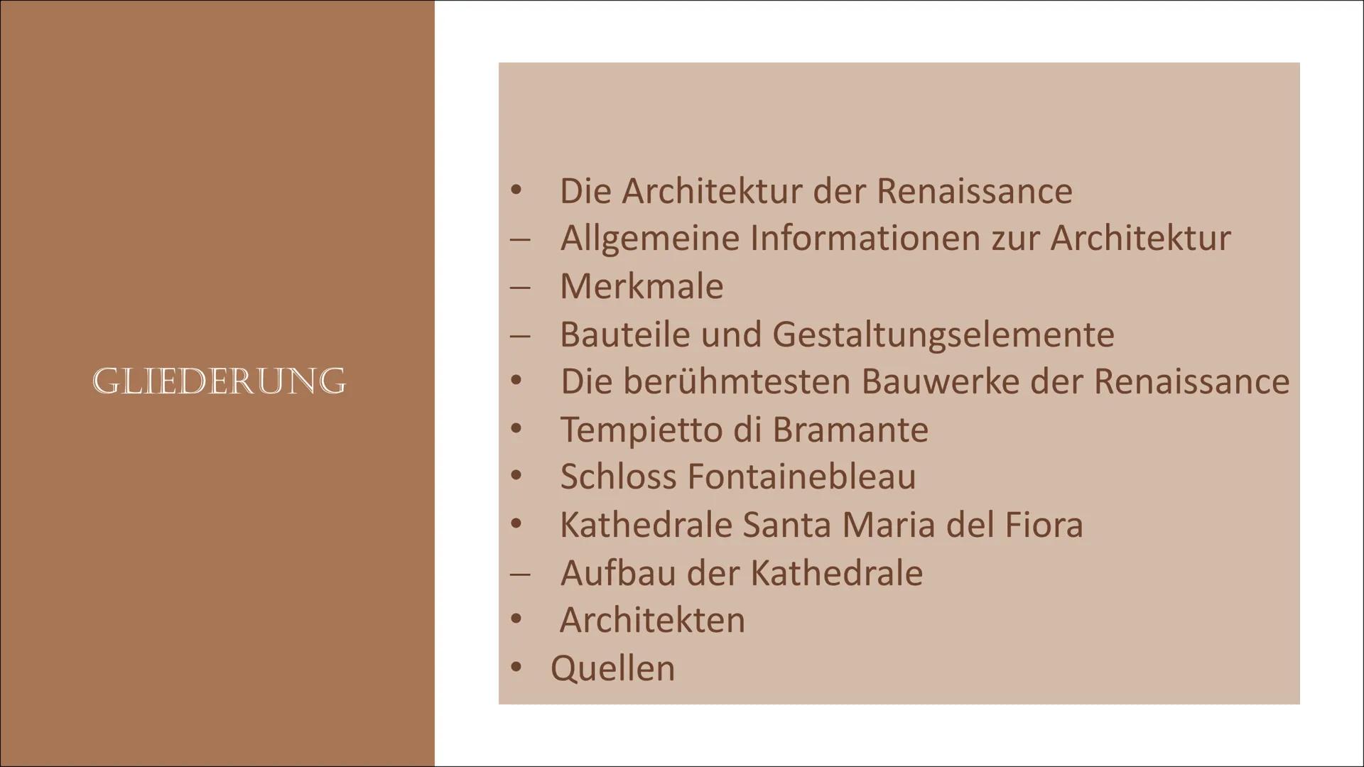 COROXXO
HOH
TOL
inna
ARCHITEKTUR
DER RENAISSANCE GLIEDERUNG
-
Die Architektur der Renaissance
Allgemeine Informationen zur Architektur
Merkm