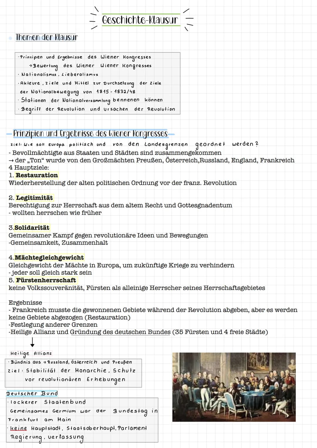 Themen der Klausur
Geschichte-Klausur
·Prinzipen und Ergebnisse des Wiener Kongresses
Wiener Kongresses
→ Bewertung des Wiener
• Nationalism