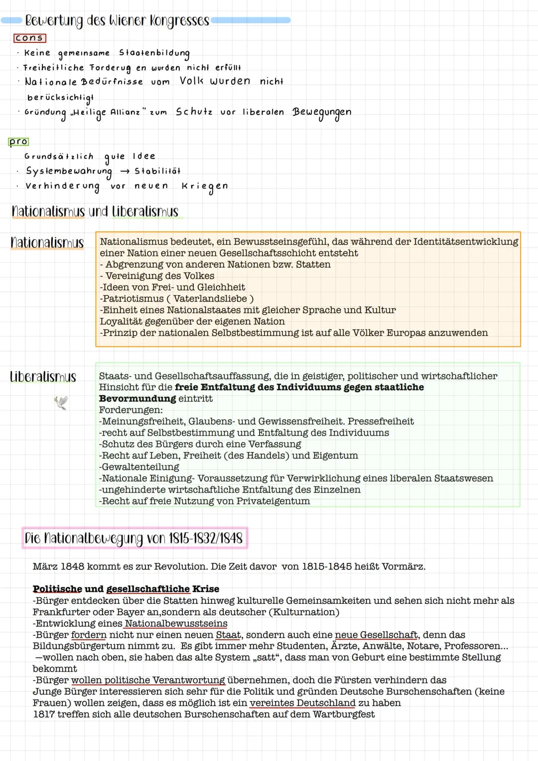 Themen der Klausur
Geschichte-Klausur
·Prinzipen und Ergebnisse des Wiener Kongresses
Wiener Kongresses
→ Bewertung des Wiener
• Nationalism