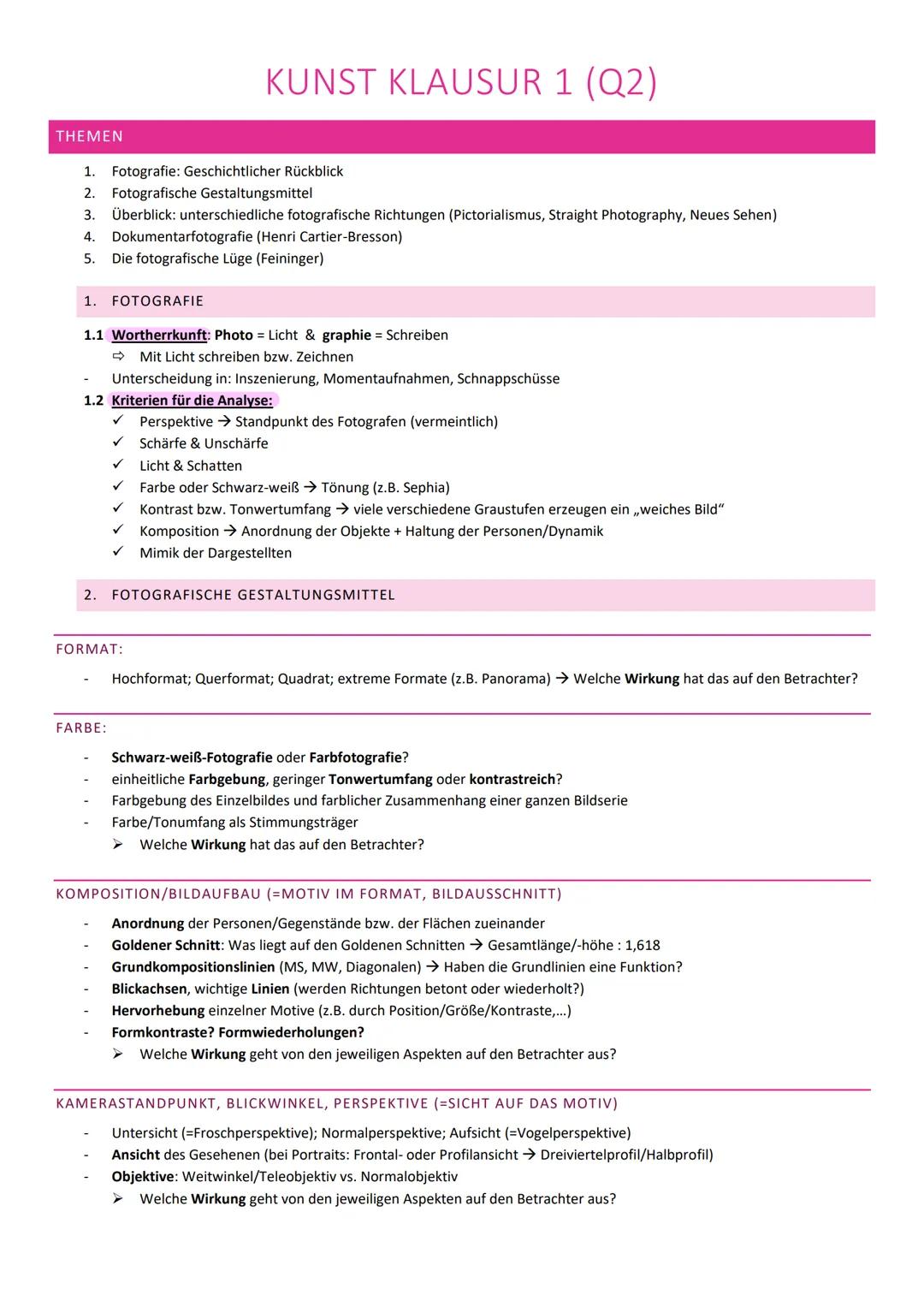 # KUNST KLAUSUR 1 (Q2)

THEMEN

1. Fotografie: Geschichtlicher Rückblick
2. Fotografische Gestaltungsmittel
3. Überblick: unterschiedliche f