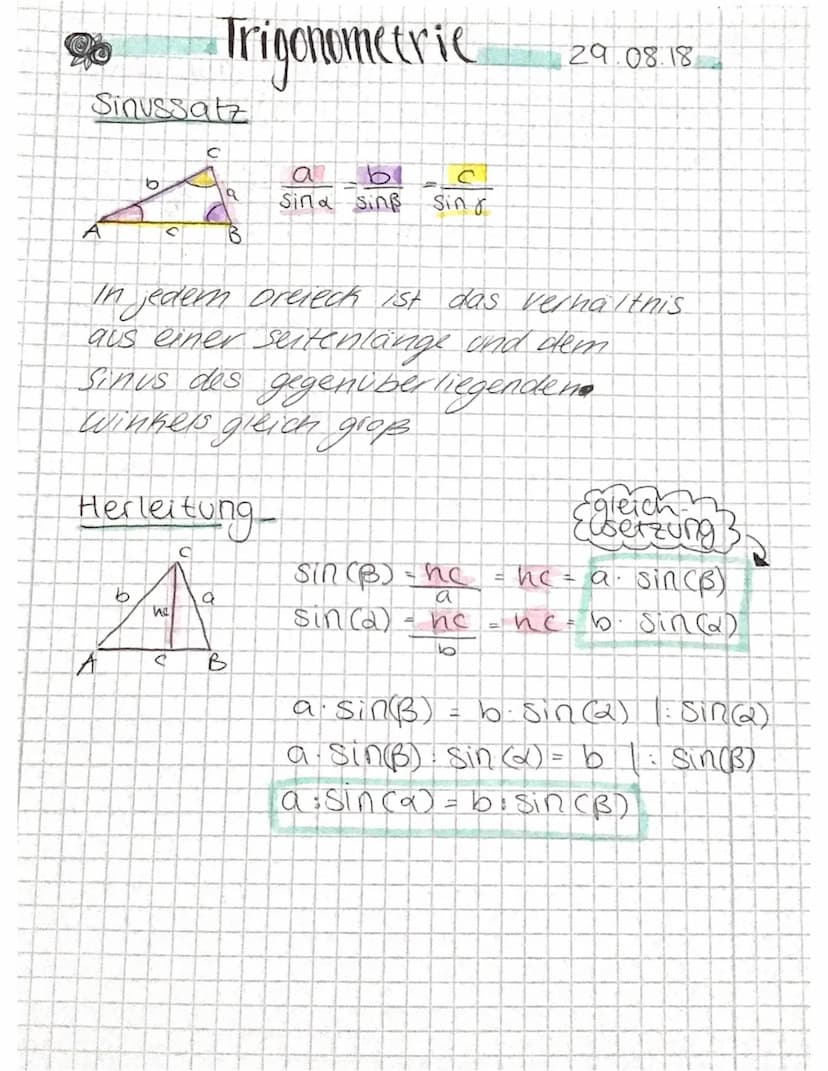 Trigonometrie
Gleichungen 90 winkel:
B
Sinus (2) 9
h
Cosinus (2) = n
• tangens Q) = a
-
9
U
Zusammenhange
= sin(a) = cos (90-2)
COS (2) = Si