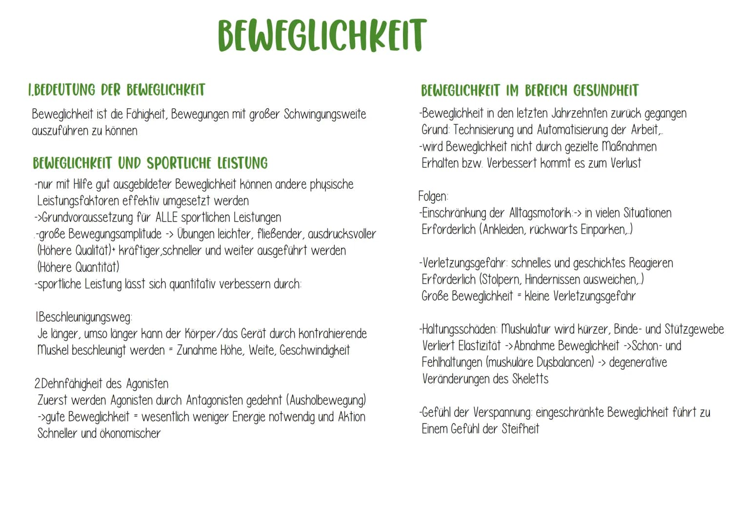 BEWEGLICHKEIT
1.BEDEUTUNG DER BEWEGLICHKEIT
Beweglichkeit ist die Fähigkeit, Bewegungen mit großer Schwingungsweite
auszuführen zu können
BE
