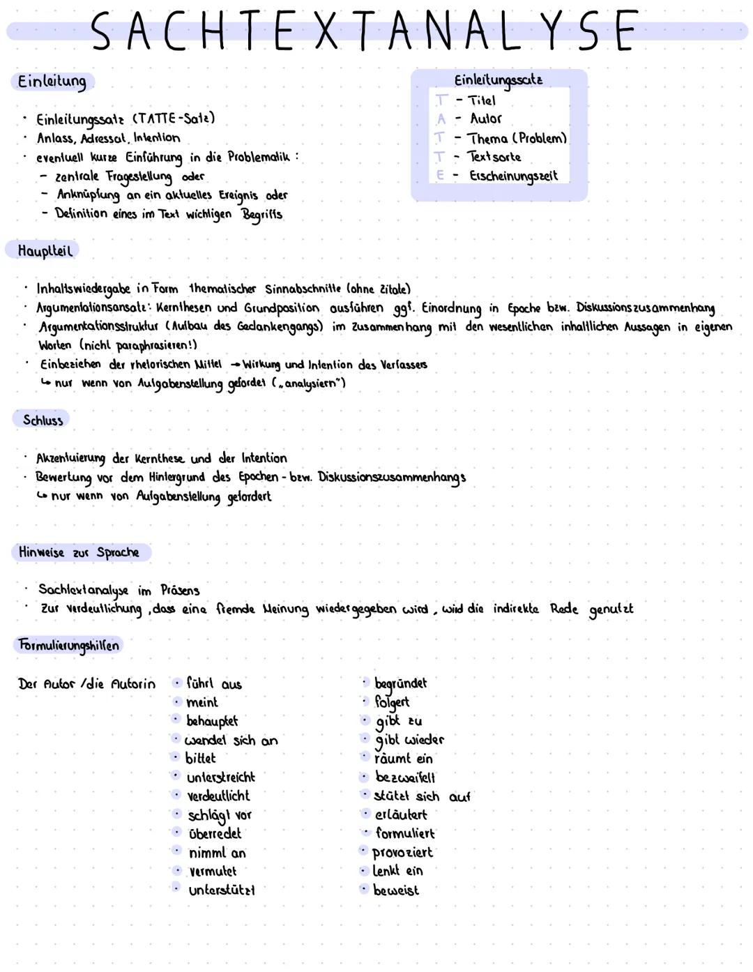 # SACHTEXTANALYSE

Einleitung

*   Einleitungssatz (TATTE-Sate)
*   Anlass, Adressat, Intention
*   eventuell kurze Einführung in die Proble