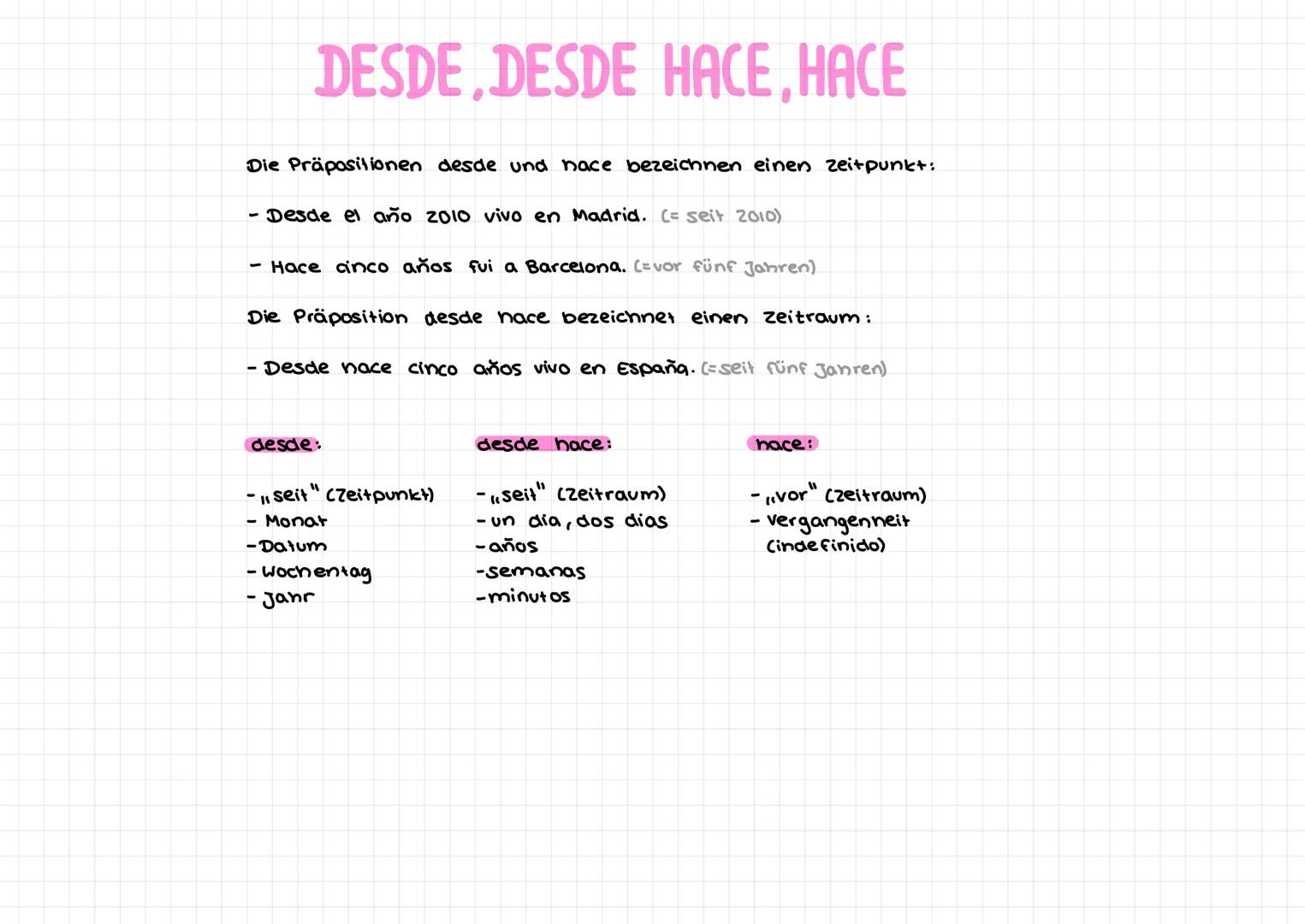 DESDE DESDE HACE,HACE
Die Präpositionen desde und nace bezeichnen einen Zeitpunkt:
-Desde el año 2010 vivo en Madrid. (= seit 2010)
Hace cin