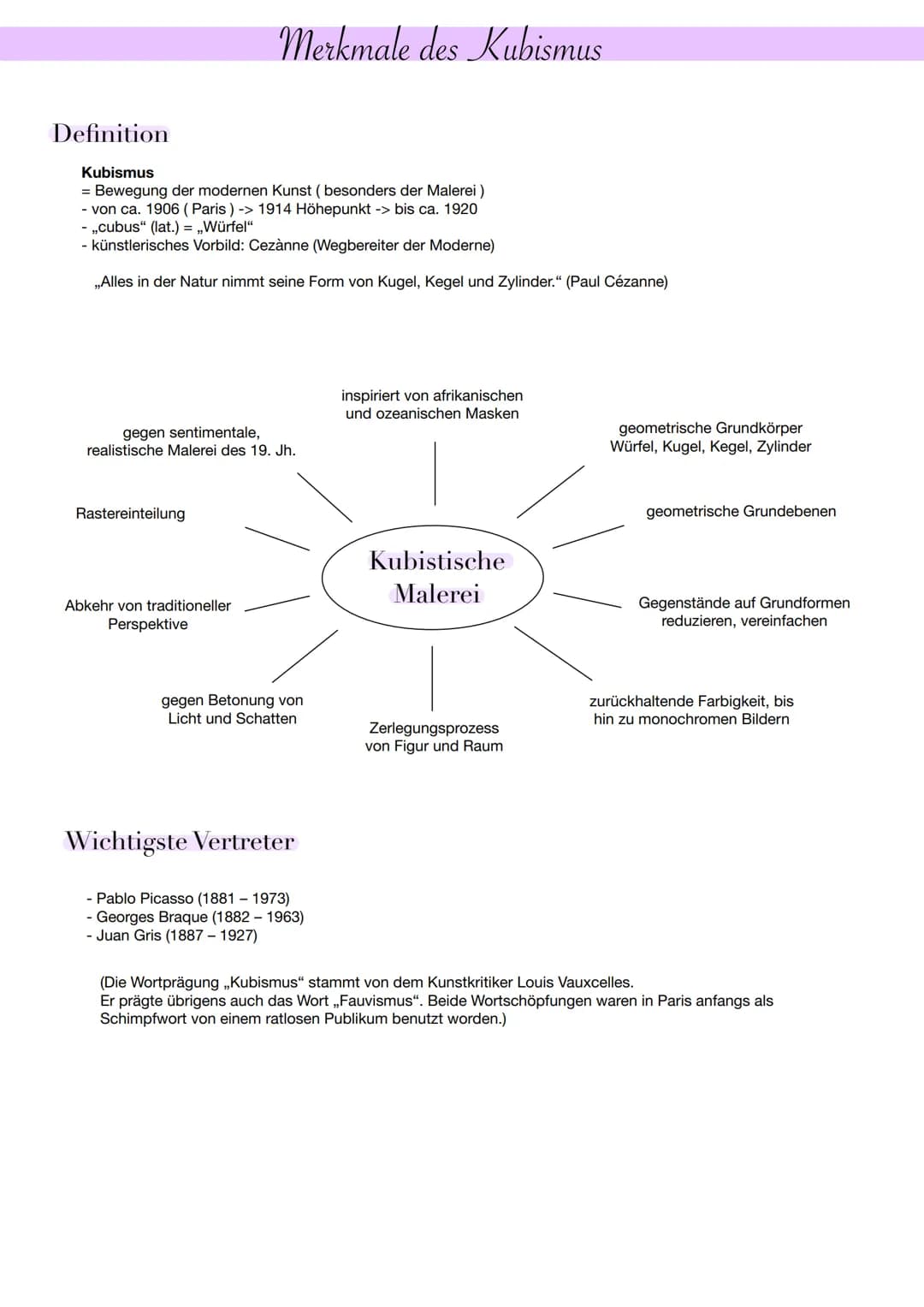 Definition
Kubismus
= Bewegung der modernen Kunst (besonders der Malerei)
- von ca. 1906 (Paris) -> 1914 Höhepunkt -> bis ca. 1920
- ,,cubus