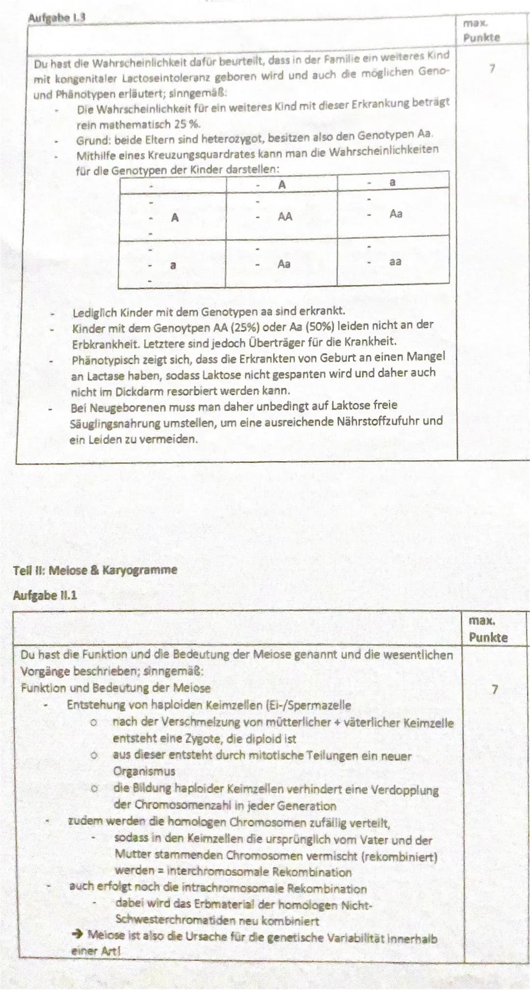 A) Inhaltliche Leistung
Tell I: Lactoseintoleranz
Aufgabe 1.1
Du hast jeweils den Zahlen des Materials A die korrekten Fachbegriffe zugeordn