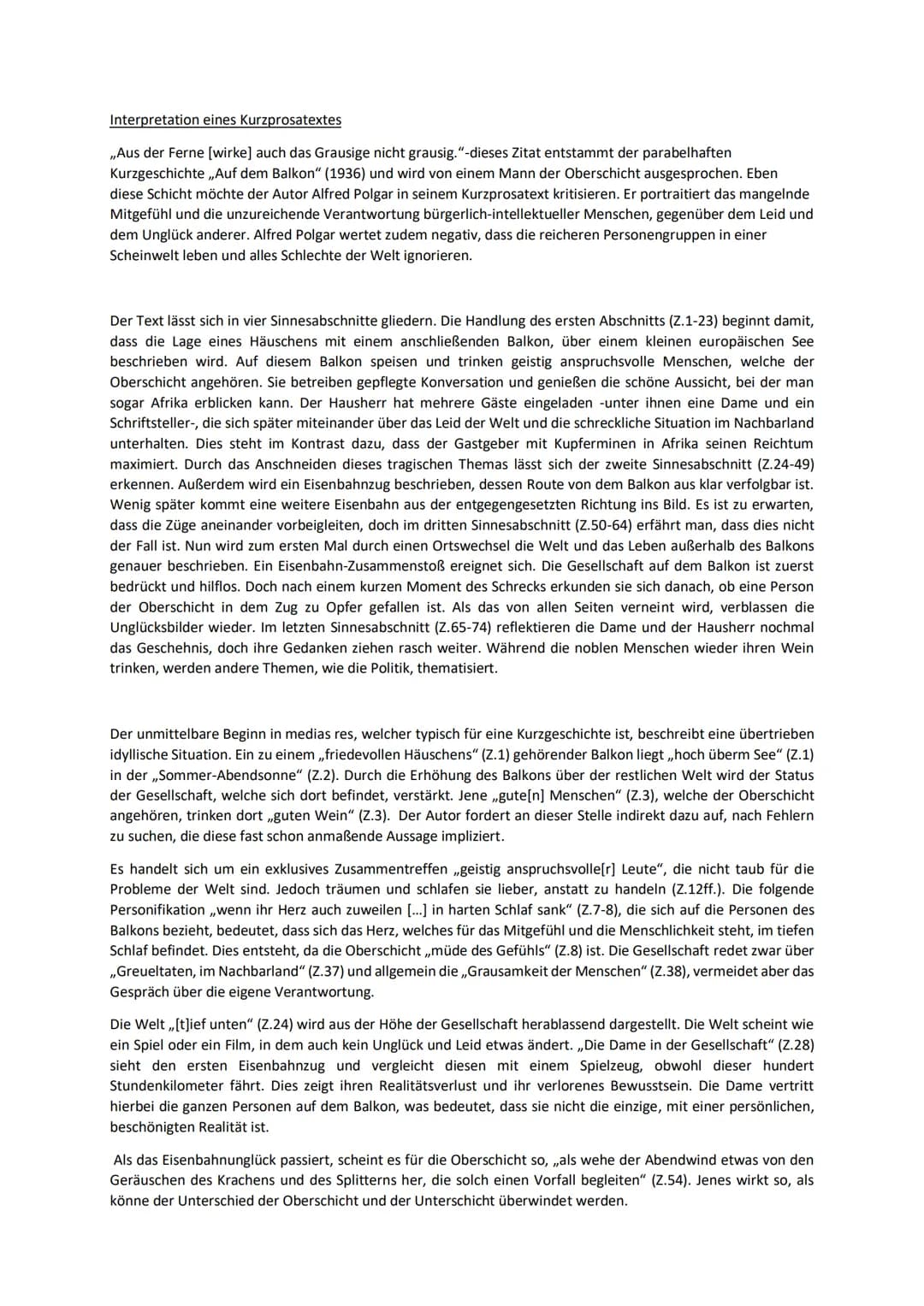 Interpretation eines Kurzprosatextes
,,Aus der Ferne [wirke] auch das Grausige nicht grausig."-dieses Zitat entstammt der parabelhaften
Kurz