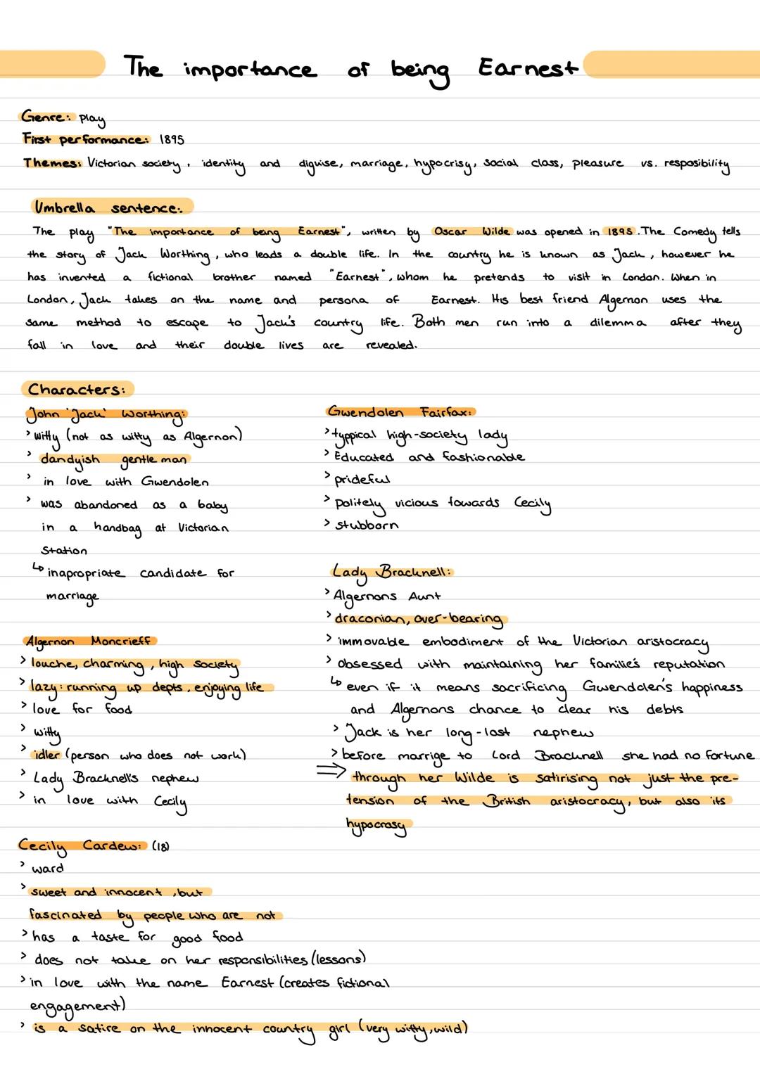 Genre: play
First performance: 1895
Themes: Victorian society, identity and
>
Umbrella sentence:
The
play
the story
has invented
London, Jac