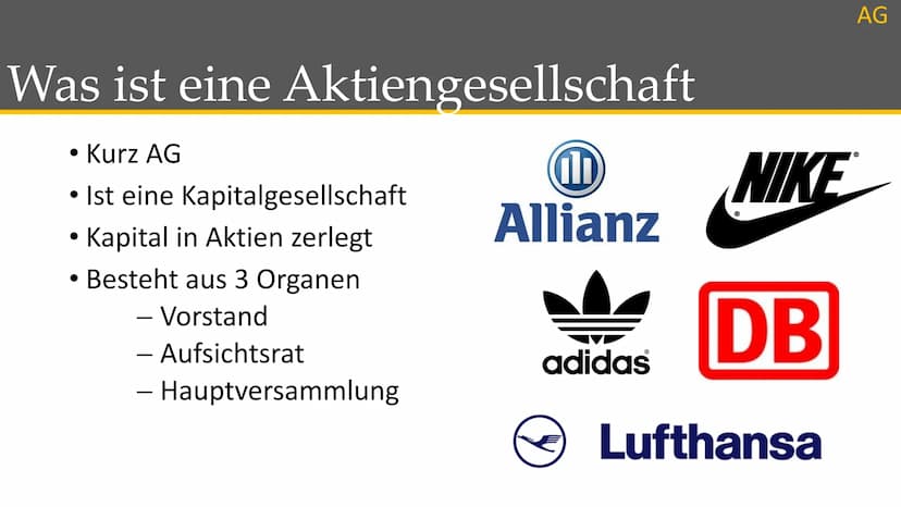 Aktiengesellschaften
2 Was ist eine Aktiengesellschaft?
Kurz AG
Ist eine Kapitalgesellschaft
Kapital in Aktien zerlegt
Besteht aus 3 Organen